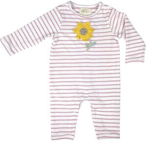 Albetta Baby Girl Long Sleeve Pink Striped Romper with Stiched Sunflower, 3-6 M